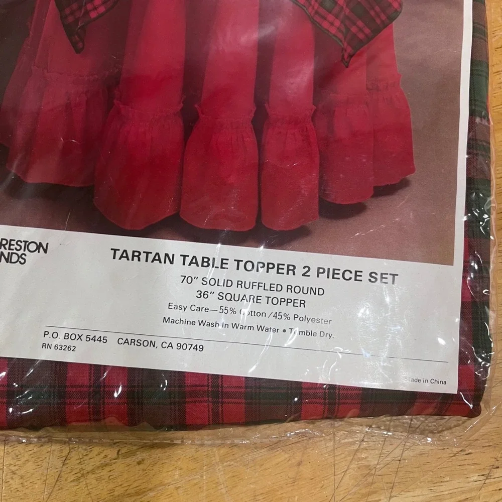 Vtg Foreston Trends Tartan Table Topper 2 Piece Set Red Plaid Ruffled Round 70in